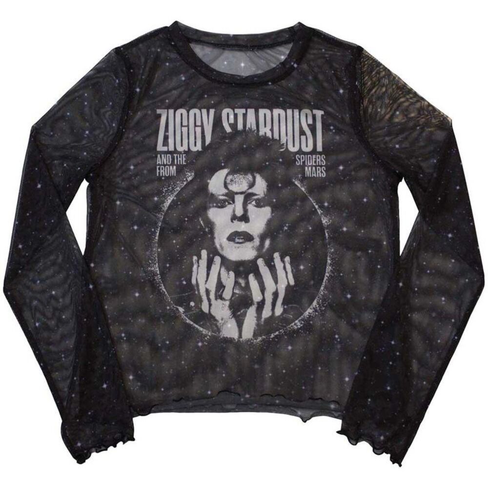 David Bowie Womens/Ladies Ziggy V1 Mesh Long-Sleeved Crop Top / Black